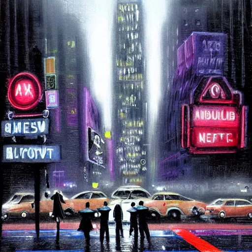 Image similar to a busy crosswalk on a rainy street in new york with lots of people walking around at night with advertisement neon lights on the buildings around it, painting by banksy, banksy art, high detail, smooth, beautiful, aesthetic,