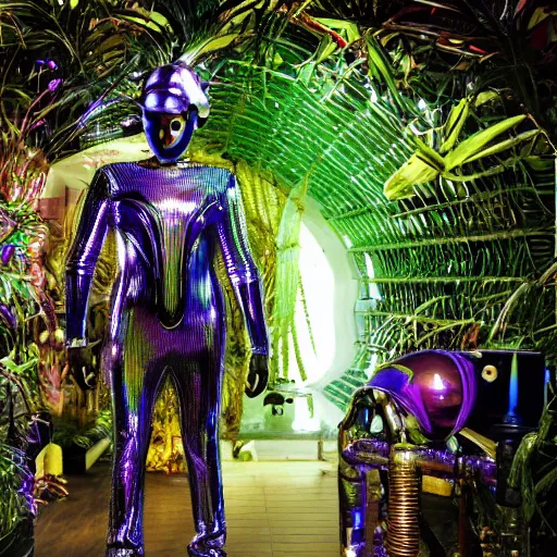 Image similar to conde nast traveler photo, inside a futuristic detailed alien jungle made out of shiny reflective chrome, futuristic android with limbs made out of stretchy rubber tubing mixed with shiny colorful giant intricate detailed chrome gauntlets and chest piece and discoball mask, wearing a long purple velvet cape, fog and mist