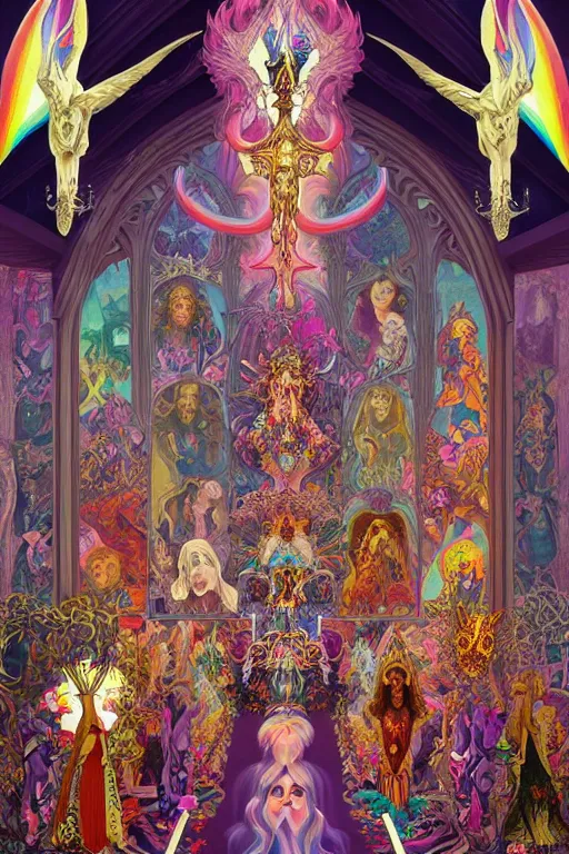 Image similar to an architectural rendering of the interior of the lisa frank church of satan, with leopard print tapestries and rainbow unicorn statuaries, gothic, highly detailed, digital painting, crown of skulls, artstation, smooth, sharp focus, illustration, art by artgerm and greg rutkowski and alphonse mucha and william - adolphe bouguereau
