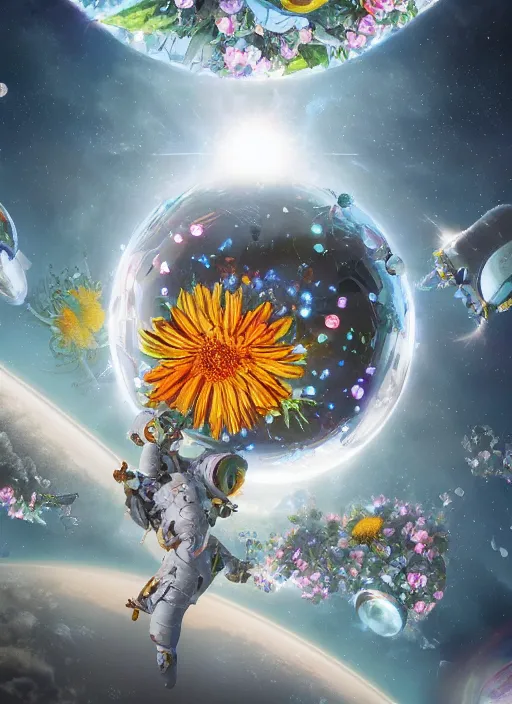 Image similar to An epic fantastic realism comic book style painting of the most beautiful flowers launched into space, perfect shiny silver iridescent spheres, bouquets, fisheye lens, unreal 5, DAZ, hyperrealistic, octane render, dynamic lighting