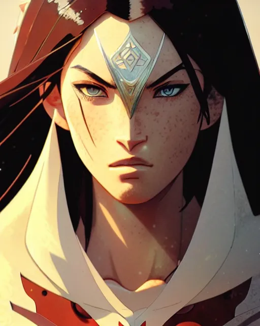 Image similar to azctec warrior, megan fox, detailed perfect face, exquisite details, fire magic, mid view, design on a white background, by studio muti, greg rutkowski makoto shinkai takashi takeuchi studio ghibli