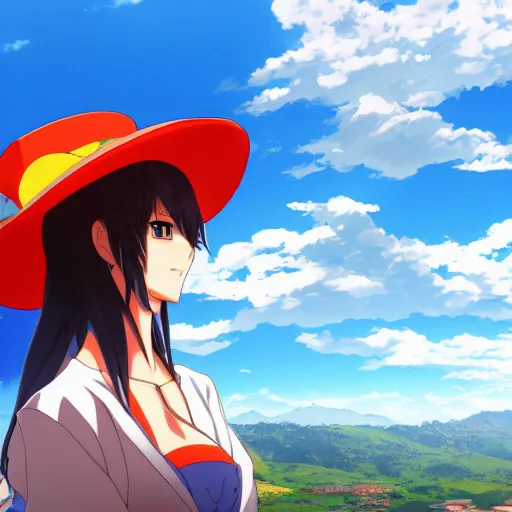 Image similar to closeup of an Anime girl wearing a colombian hat with the city of Armenia Quindio in the background, Artwork by Makoto Shinkai, official media, 8k, wallpaper, high definition, wallpaper, hd, digital artwork