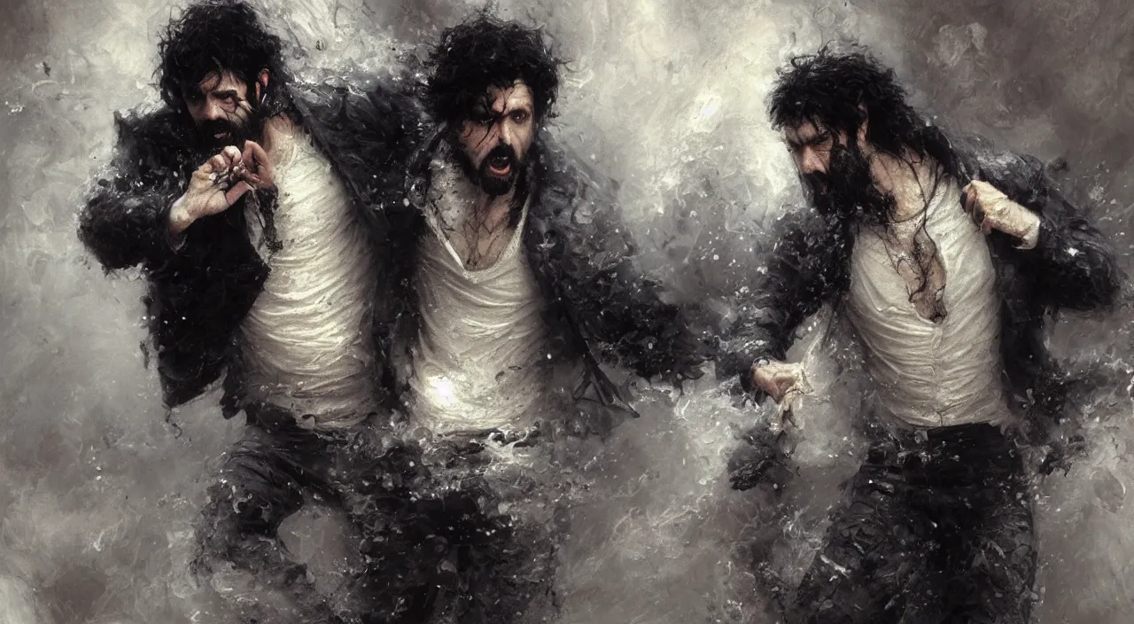 Image similar to a man with black hair and beard, wearing a black jacket, white shirt and jeans, going insane in a white void, highly detailed painting by gaston bussiere, craig mullins, 8 k