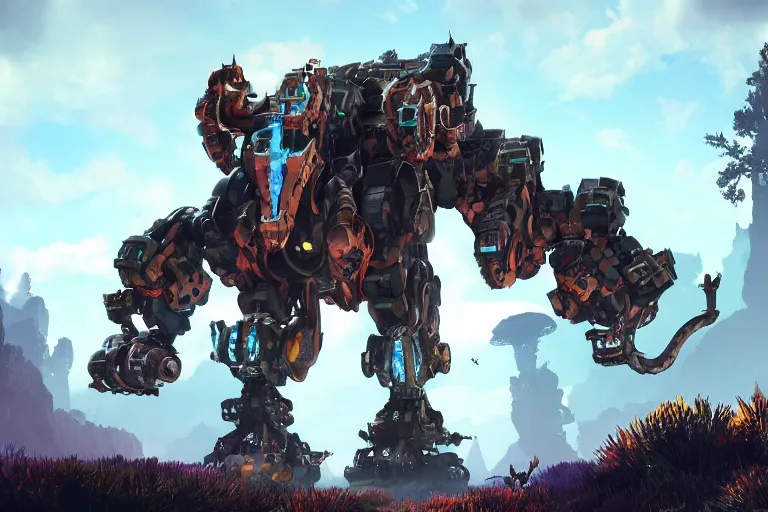 Image similar to behemoth machine mecha animal beast robot of horizon forbidden west horizon zero dawn bioluminiscence global illumination ray tracing hdr fanart arstation by sung choi and eric pfeiffer and gabriel garza and casper konefal