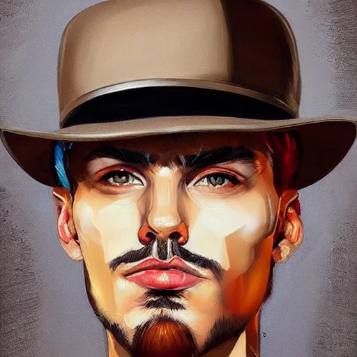 Prompt: beautiful sophisticated man face with a hat by sandra chevrier, artstation, hd, uplight