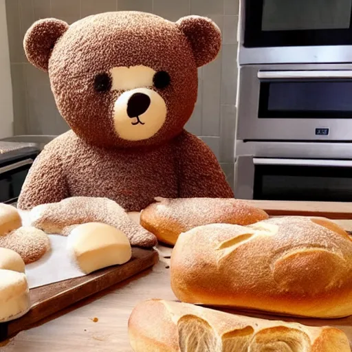 Prompt: photo of two cute bears baking bread
