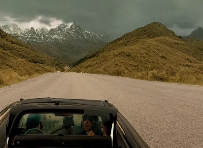 Image similar to A very high resolution image from a new movie, landscape from a car window , mountains, raining, hot, directed by wes anderson