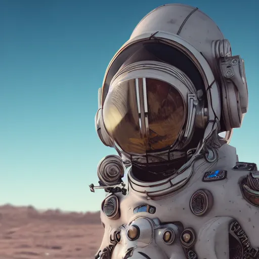 Image similar to portrait photography of a white steampunk space engineer suit, in an desert alien planet, ultra detail, beautiful light, high detail, 8 k, f / 2. 8, octane render