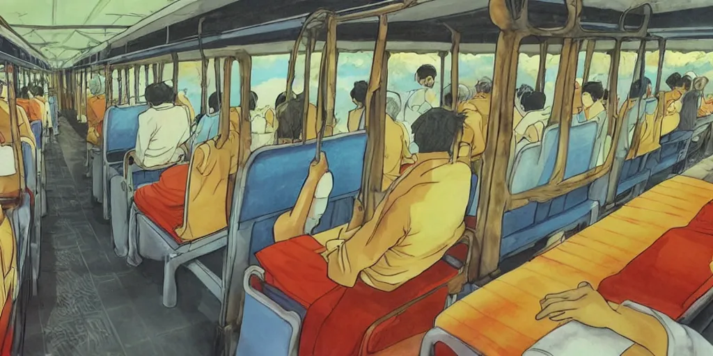 Prompt: inside sri lankan bus, drawn by hayao miyazaki