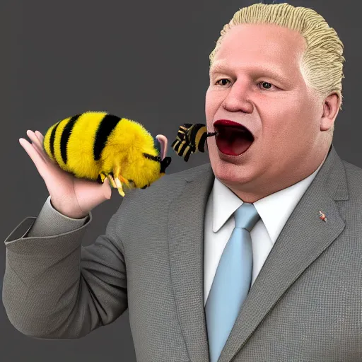 Image similar to 3 d render of doug ford with a bee in his mouth