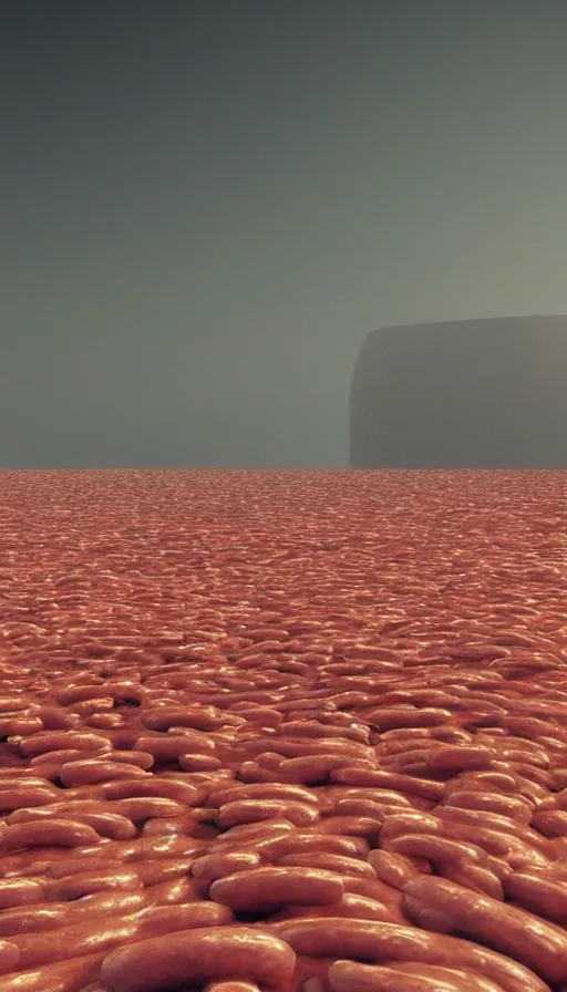 Image similar to a dystopian landscape made of hotdogs, Octane Render, cinematic
