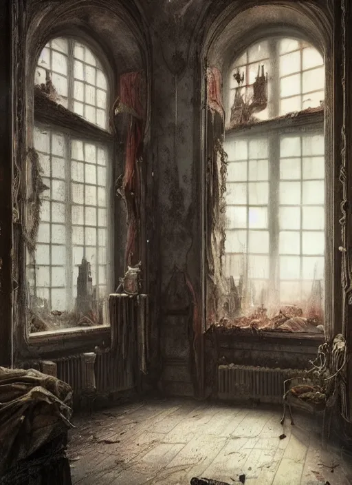 Image similar to a dreary bedroom that blends with fantastical scenes of dreams, dreams invading mundane spaces, fantasy infiltrating reality, bubbles of the impossible, swirls of magic, 8k, ultradetailed, illustrated by Greg Rutkowski and Caspar David Friedrich.