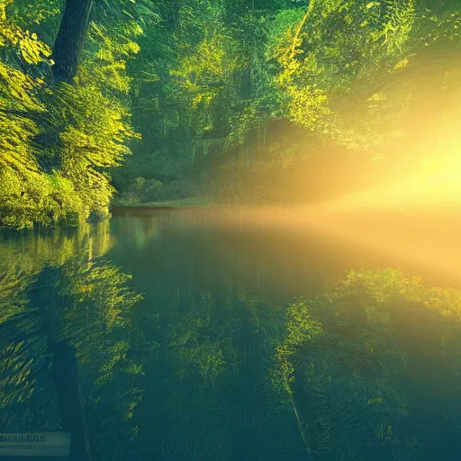 Image similar to river in a forest, golden hour, ray tracing reflection, 8k, hyper realistic, insainly detailed, hdr, octane render