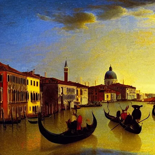 Image similar to A beautiful backlight sunset scene of historic Venice with gondola and reflective water in the style of Johannes Vermeer