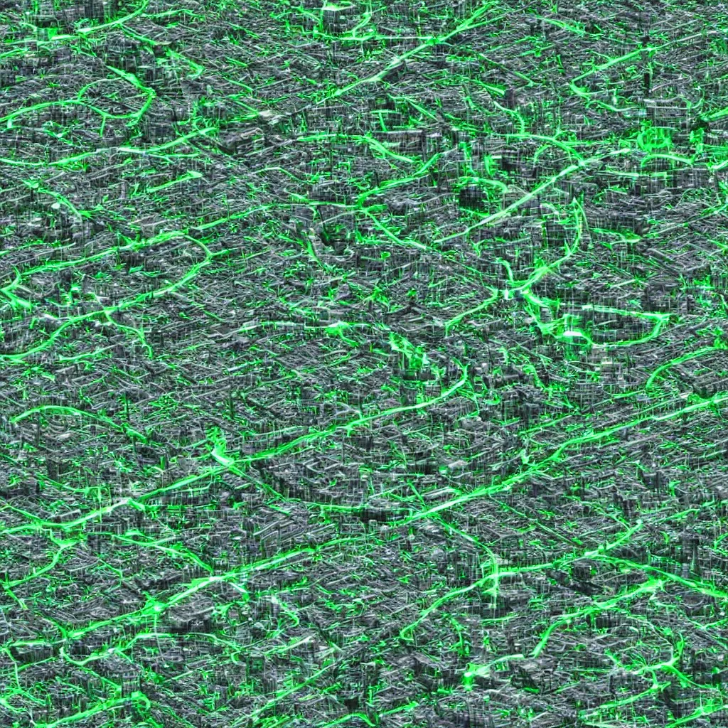 Prompt: satellite view imagery of advanced alien civilisation with large public transport. Green glowing factory. Extreme zoom, housed visible.
