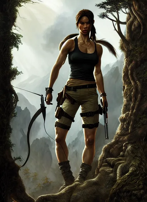 Image similar to lara croft and colin farrell as combat specialists, fantasy magic, light night, intricate, elegant, sharp focus, illustration, highly detailed, digital painting, concept art, matte, art by wlop and artgerm and ivan shishkin and andrey shishkin, masterpiece