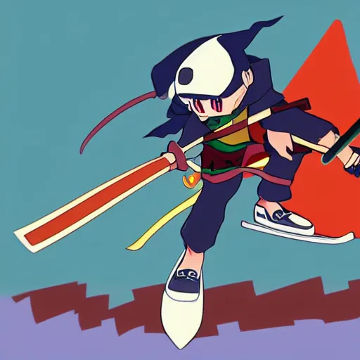 Image similar to skater character with katana in hands, cartoon stylised proportions by hiroyuki imaishi gainax studio trigger and yoh yoshinari animation art