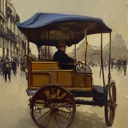 Image similar to artist ewan mcgregor is walking in early 2 0 th century paris. he is a gentleman and wears a bowler hat, horses, horse carts, horse cartridges on streets, walking ladies and gentlemen an early car prototype, early 2 0 th century tram, by d'edouard cortes