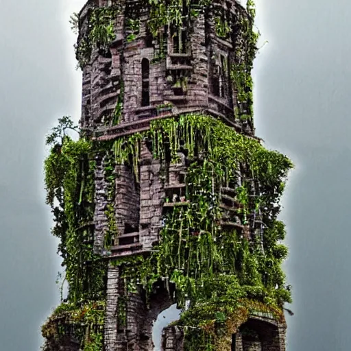 Image similar to ruins of a tower covered in creepers, beautiful, intricate, detailed, watercolour