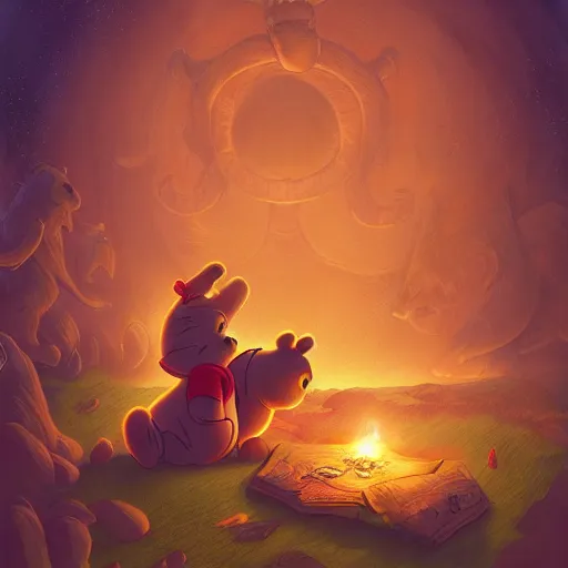 Image similar to Winnie the Pooh summoning demons with the necronomicon, cosmic horror, highly detailed, digital painting, artstation, concept art, sharp focus, illustration,