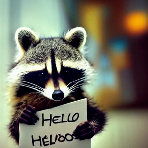 Prompt: closeup photo of furry baby raccoon astronaut holding a sign that says hello, octane, hyper detailed,