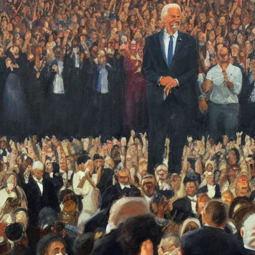 Prompt: Biden staring off into a crowd of people cheering, it’s nighttime, oil painting