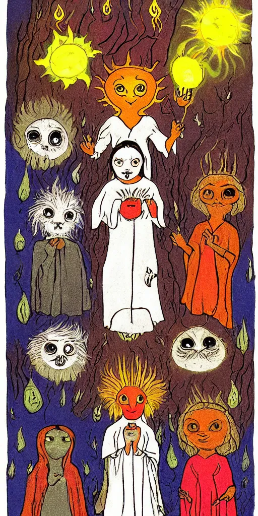 Image similar to small impish joyful creature in white robe with glowing eyes and sun ray flame hair holding lit matches and singing, three sisters visiting, The Queen in the Cave Children's book illustration, traditional folk art style, gouache on paper, outsider art, David Palladini, Mu Pan, Carson Ellis, Julia Sarda, tarot card, Henry Darger, Louis Wain