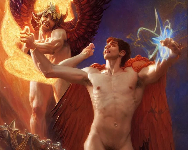 Image similar to attractive male deity, casting demonic magic, summoning handsome lucifer morning star. highly detailed painting by gaston bussiere, craig mullins, j. c. leyendecker 8 k