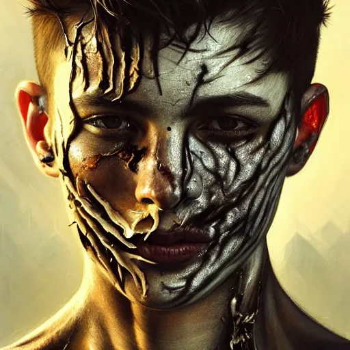 Prompt: portrait painting of young man with severe burn scars on his face and poorly cut short hair with a severe expression wearing tattered light armor, ultra realistic, concept art, intricate details, eerie, highly detailed, photorealistic, octane render, 8 k, unreal engine. art by artgerm and greg rutkowski and charlie bowater and magali villeneuve and alphonse mucha