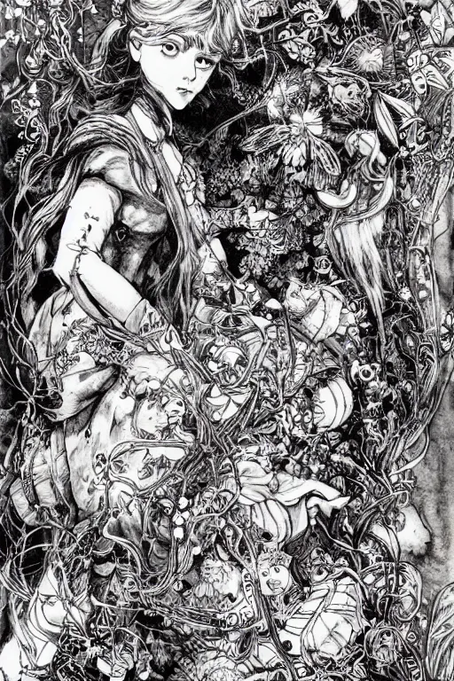 Prompt: Hippy Alice in wonderland tarot card , pen and ink, intricate line drawings, by Yoshitaka Amano, Ruan Jia, Kentaro Miura, Artgerm, watercolor