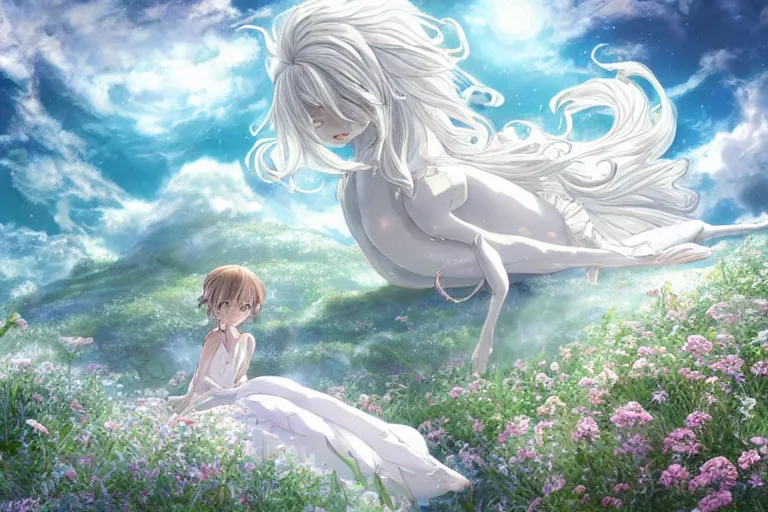 Prompt: a hyper detailed big render that beautiful princess lie on the ground be surrounded in the white clouds fairyland center by a huge silver white dragon, finely detailed angelic face, style of studio ghibli, makoto shinkai, xision, ilya kuvshinov and artgerm, kazuki tanahashi, james jean, animation style, golden curve composition, telephoto lens