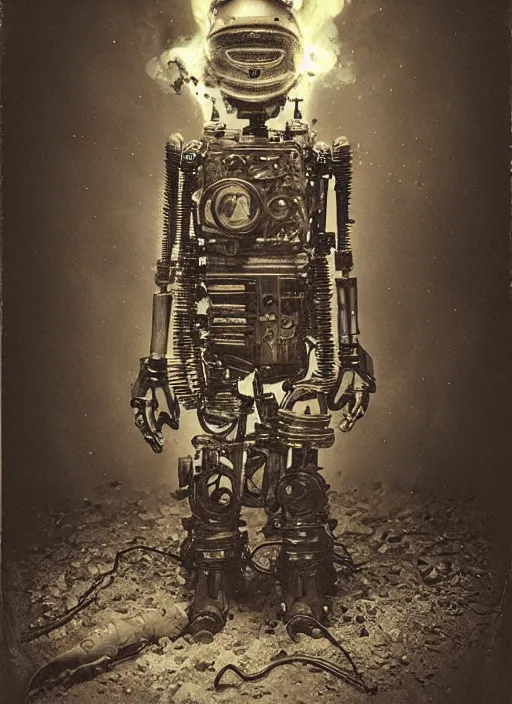 Image similar to old wetplate daguerreotype portrait of futuristic robot on fire, explosion of data fragments, fractal, intricate, elegant, highly detailed, parallax, leica, medium format, subsurface scattering, by jheronimus bosch and greg rutkowski and louis jacques mande daguerre