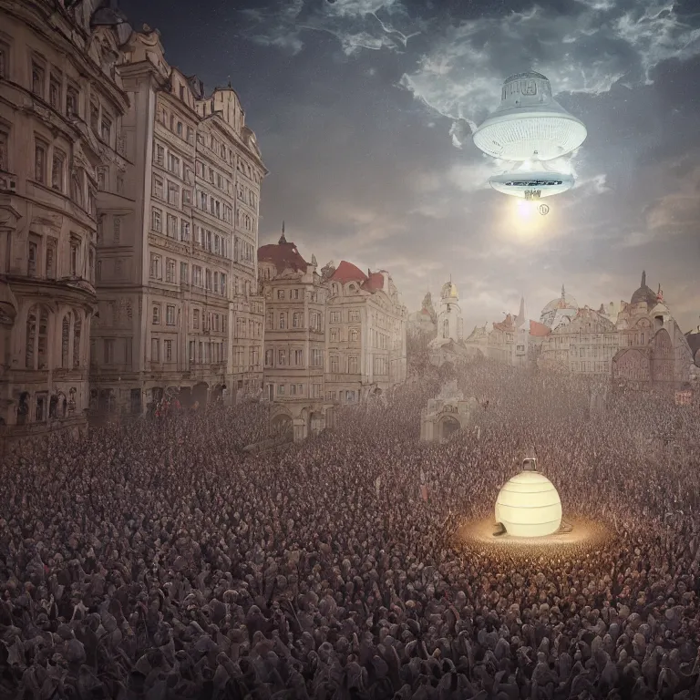 Prompt: shocked crowds of people witnessing ufo flying saucer landing in 1493 in Prague, column of light, beautiful detailed intricate insanely detailed 3D render digital art, octane render, 8K artistic portrait photography, photorealistic digital art, realistic volumetric lighting