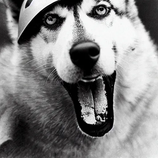 Image similar to close up of a husky wearing soldier helmet in the battle, ww 2 historical photography, black & white