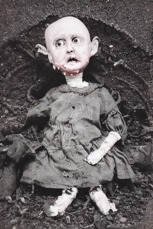 Image similar to dirty cracked crying vintage demonic mouthless bald doll sitting in dirt basement cobwebs tintype photo