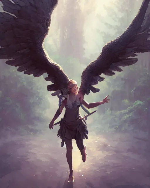 Prompt: a female anthropomorphic eagle warrior. She has two wings on her back. Forest, clearing. Atmospheric lighting, By Makoto Shinkai, Stanley Artgerm Lau, WLOP, Rossdraws, James Jean, Andrei Riabovitchev, Marc Simonetti, krenz cushart, Sakimichan, D&D trending on ArtStation, digital art.