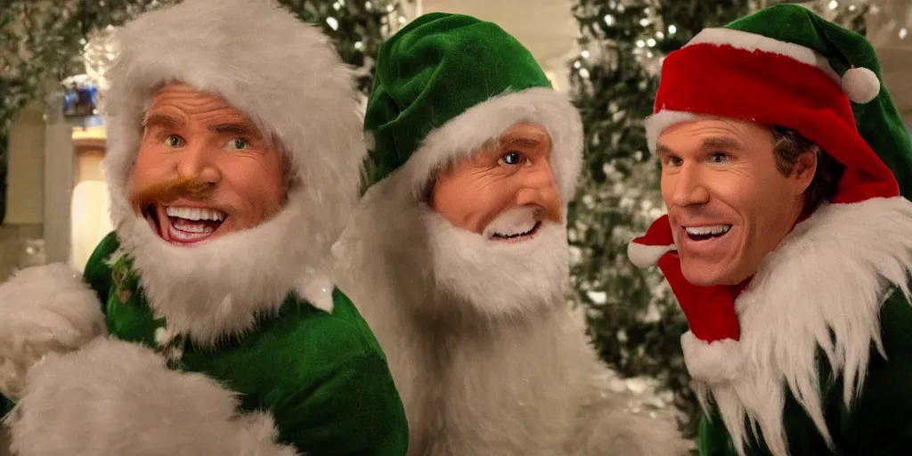 Image similar to ultra wide angle photo of will ferrel dressed as buddy the elf, from the movie elf, looking at himself in a bathroom mirror and seeing his reflection as bumble, the abominable snow monster from the north