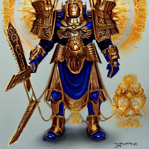 Prompt: god emperor of mankind, wearing regal ornate golden plate armor, golden, crisp, portrait, warhammer 40k, 4k, god emperor, concept art, centered, glowing, artstation