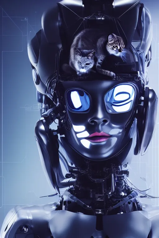 Image similar to cybernetic high tech female with cat on her head, sci - fi, cyberpunk, futurism, exoskeleton, robot, strong artificial intelligence, symmetry, cinematic, elegant, luxury, professional studio light, perfect composition, dlsr photography, sharp focus, 8 k, ultra hd, sense of awe, highly detailed, hyper realistic, intricate, science journal cover