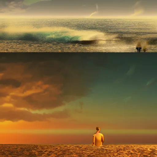 Image similar to A lone man at the beach watching the tsunami wave forming on the horizon, top post of /r/ConceptArt subreddit