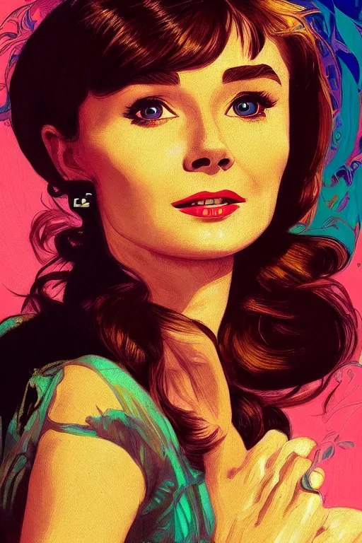 Image similar to portrait of audrey hepburn, 8k, rich vivid colors, cinematic lighting, digital art, illustration, french noveau, alphonse mucha, artstation