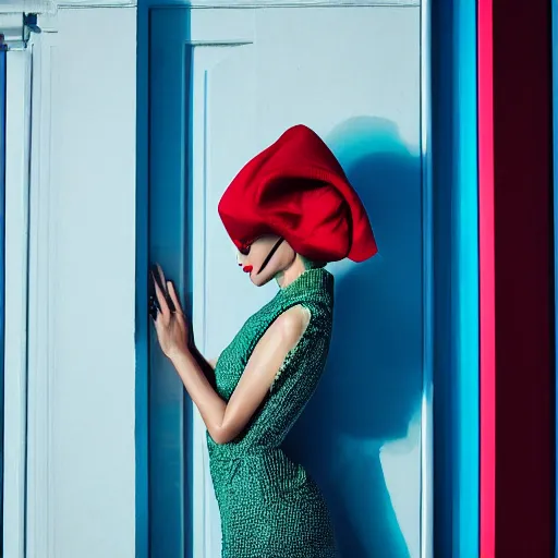 Prompt: a vibrant photograph of a woman, closeup, in doors, editorial fashion photography, from vogue magazine ( sony a 7 r iv, symmetric balance, polarizing filter, photolab, lightroom, 4 k, dolby vision, photography award )