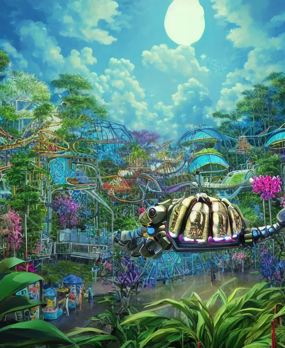 Image similar to an amusement park made out of seamless isopod dragonflies, in the style of a puffy robot, overgrown with orchids, partly cloudy, somber, dramatic lighting, by dan mumford, yusuke murata, makoto shinkai, ross tran, cinematic, unreal engine, cel shaded, featured on artstation, pixiv