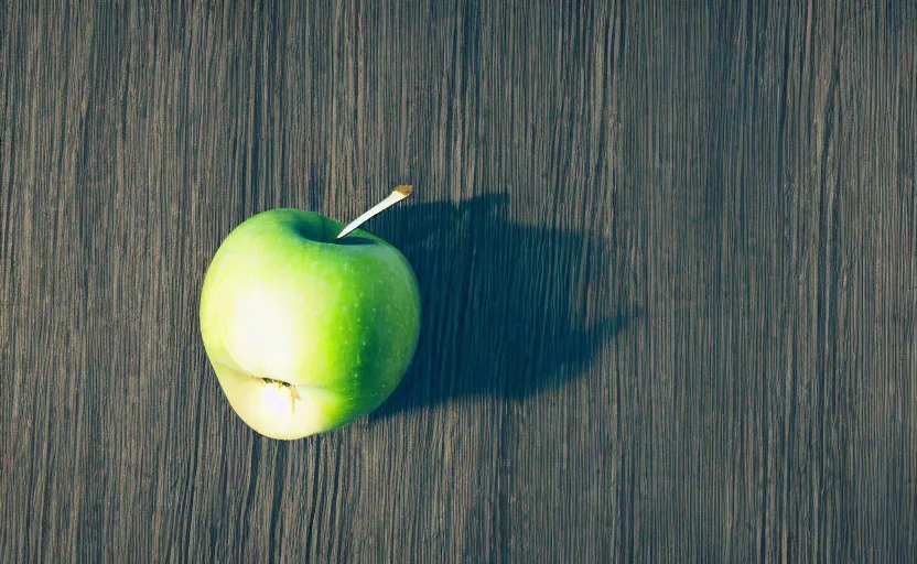 Image similar to a macro photo of a green apple on a wooden table at sunrise, hyperrealistic, some trees in the background, dof, octane render, unreal engine 5, trending on artstation, high quality, highly detailed, 8 k, soft lighting, path traced, beautiful, harmonious, complementary colors, serene scene, bloom, godrays, concept art