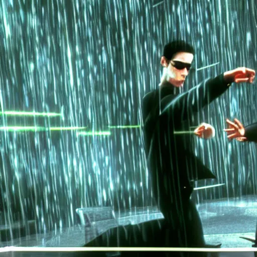 Prompt: neo fighting security. Matrix ` screenshot. Epic still.