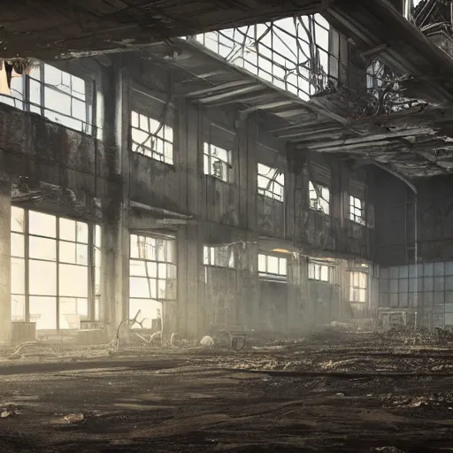 Prompt: abandoned industrial factory interior, dust in light, digital art, trending on artstation