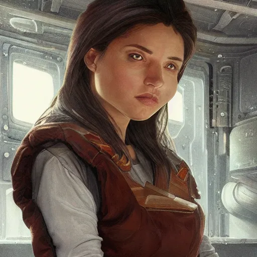 Image similar to epic portrait an woman engineer fixing an starship during winter, white t shirt with a vest, pretty face, glossy skin, beauty digital painting, artstation, concept art, soft light, hdri, smooth, sharp focus, illustration, fantasy, intricate, elegant, highly detailed, D&D, matte painting, in the style of Greg Rutkowski and Alphonse Mucha and artemisia, 8k, highly detailed, jurgens, rutkowski, bouguereau, pastoral, rustic, georgic