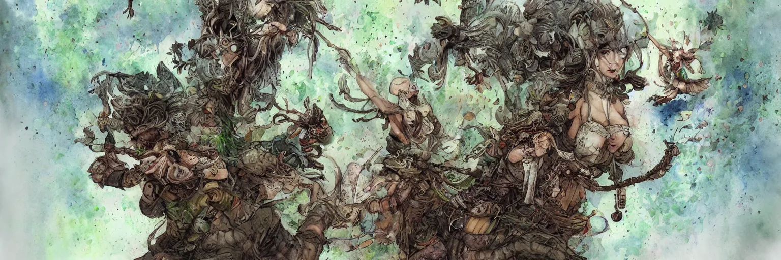 Image similar to plant based warrior monk wearing augmented reality visor and seductive owl sorceress fighting side by side by Jean-Baptiste Monge, post processing, painterly, book illustration watercolor granular splatter dripping paper texture. Trending on artstation, post processing, pen and ink work. sharp focus.