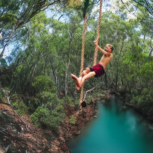 Image similar to teenager using rope swing across gully in Australian native bushland in first person perspective