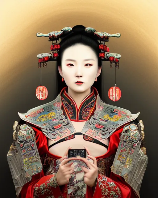 Image similar to portrait of a chinese cyberpunk machine, machine face, robed, upper half portrait, decorated with chinese opera motifs regal asian machine robot cyberpunk fine china, wuxia, traditional chinese art intricate intense elegant 京 剧 highly detailed digital painting artstation concept art smooth sharp focus illustration, art by artgerm and greg rutkowski alphonse mucha 8 k